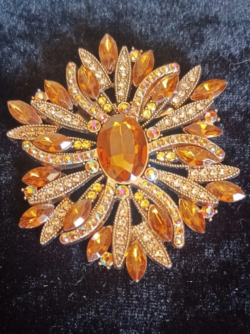 Amber and Gold Rhinestone Brooch